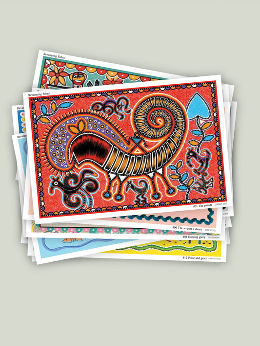 Set of 12 (+4) hand-illustrated Sohrai postcards